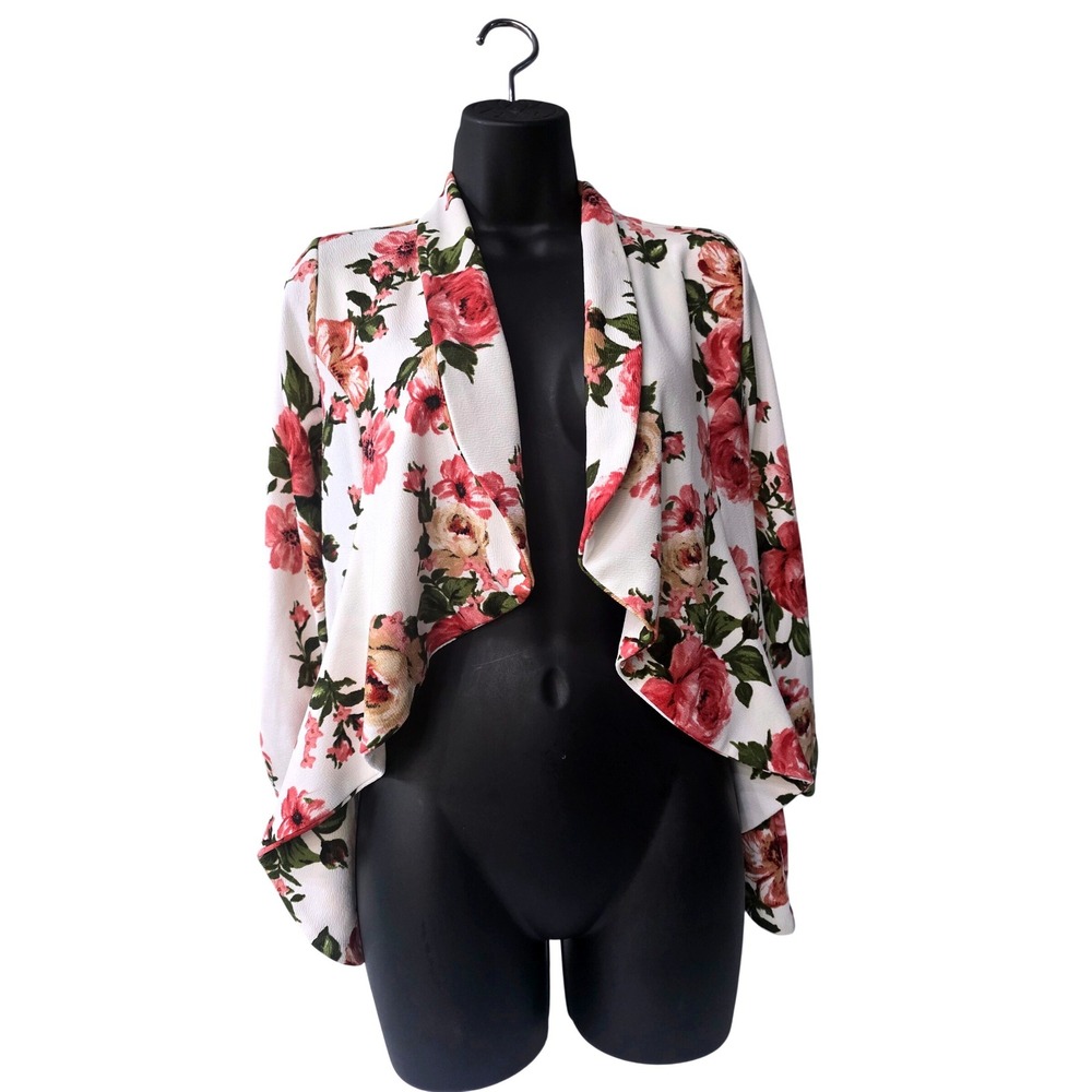 George‎ A Ltd Womens Floral Rose Draped Open Front Cardigan White Pink Medium